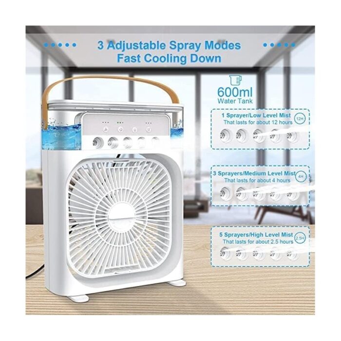 ⁦مروحة تبريد هواء منزلية صغيرة ب 5 سرعات، مع 7 ألوان إضاءة LED ليلية، و 5 فتحات لرذاذ الماء للتبريد - تعمل بالكهرباء من خلال سلك USB⁩ - الصورة ⁦2⁩