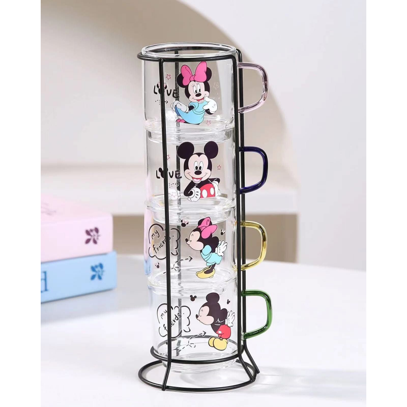 103382676_68335a1c32845 طقم 4 فناجين زجاج بتصميم ميكي ماوس مع ستاند - الصورة 1