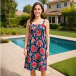 فستان صيفي قصير للنساء مورد لون أزرق One Size