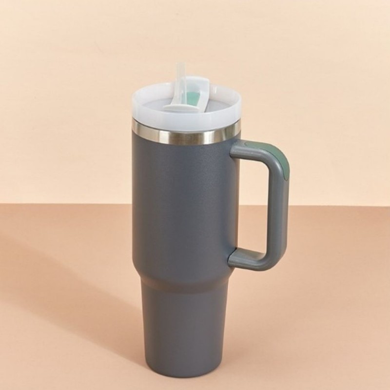 ⁦كوب ستانليس ستيل مع مقبض ومصاصة لون سكني غامق سعة 1 لتر⁩ - الصورة ⁦1⁩