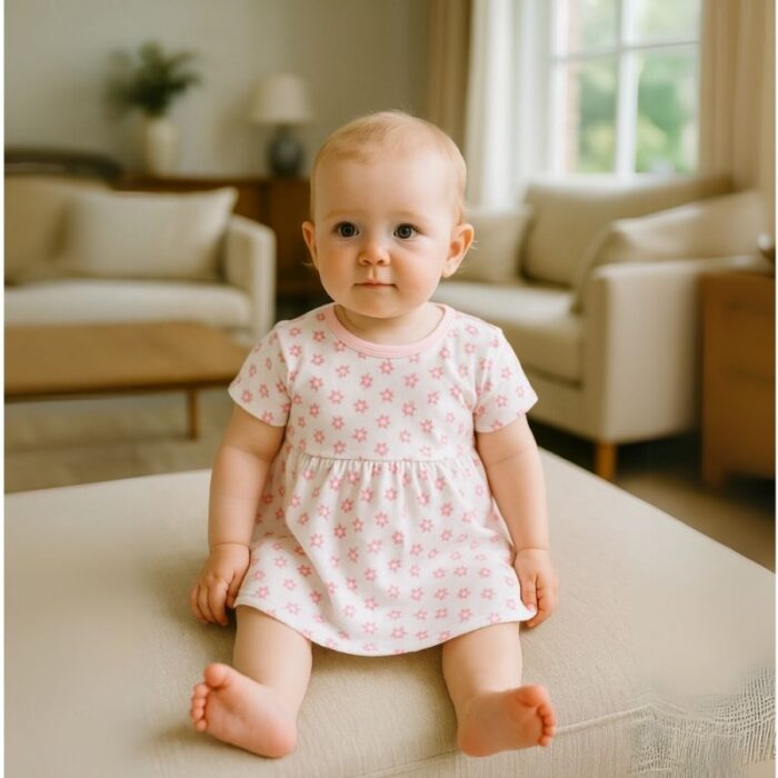 ⁦فستان مورد للأطفال لون أبيض و زهري⁩ - الصورة ⁦3⁩