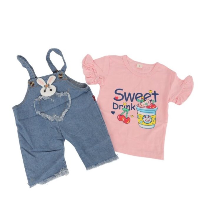 ⁦طقم قطعتين أفرهول للأطفال لون أزرق و زهري فاتح⁩ - الصورة ⁦6⁩