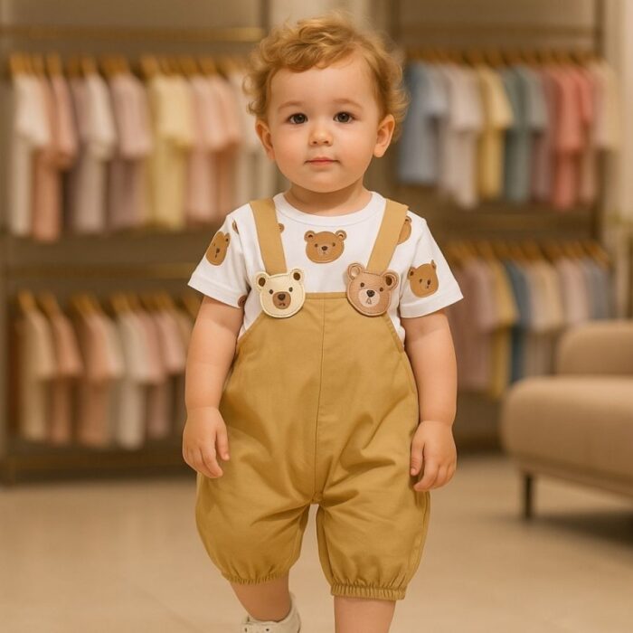 ⁦طقم قطعتين أفرهول للأطفال لون بني و أبيض⁩ - الصورة ⁦3⁩