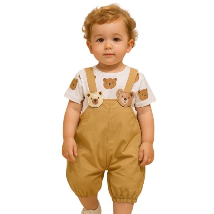 ⁦طقم قطعتين أفرهول للأطفال لون بني و أبيض⁩ - الصورة ⁦4⁩