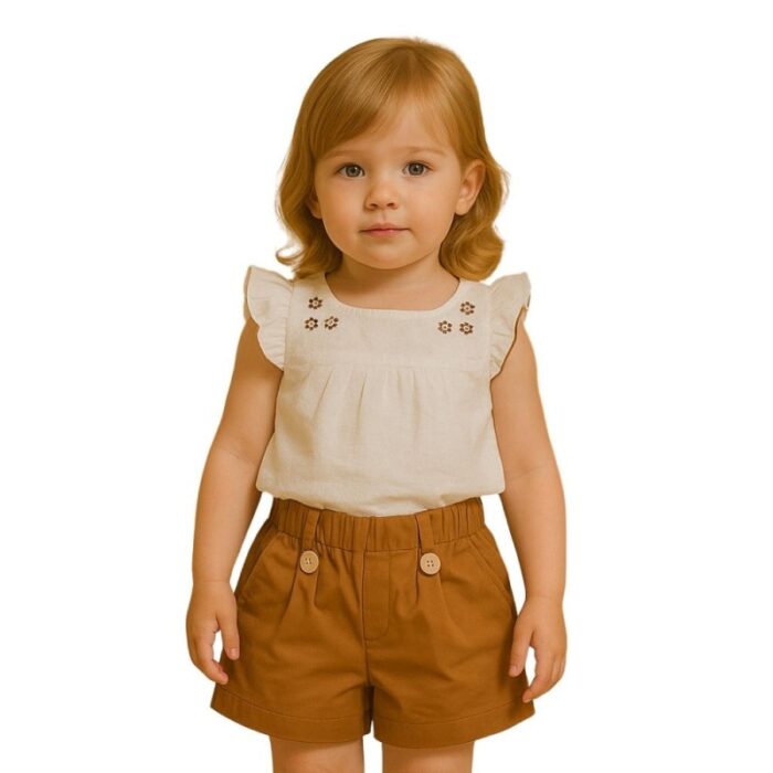 ⁦طقم قطعتين للأطفال لون بني وأبيض⁩ - الصورة ⁦2⁩