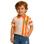 ⁦طقم قطعتين شورت وبلوزة نص كم للأطفال لون أزرق و برتقالي⁩ - الصورة ⁦2⁩