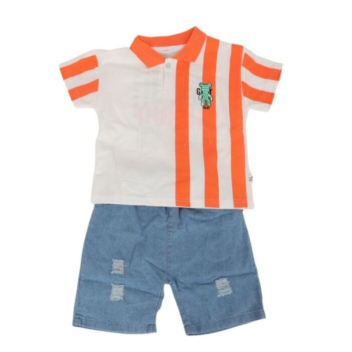 ⁦طقم قطعتين شورت وبلوزة نص كم للأطفال لون أزرق و برتقالي⁩ - الصورة ⁦4⁩