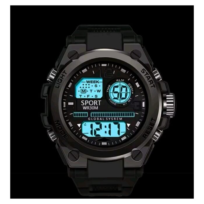 ⁦ساعة يد رياضية رقمية ضد الماء - بشاشة مزدوجة مع إضاءة LED رقمية لون أسود⁩ - الصورة ⁦2⁩