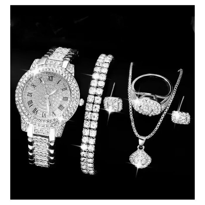 ⁦ساعة كوارتز نسائية فخمة وعصرية - 5 قطع مع سوار مرصع بالألماس وسلسال وحلق وخاتم - لون فضي⁩ - الصورة ⁦1⁩