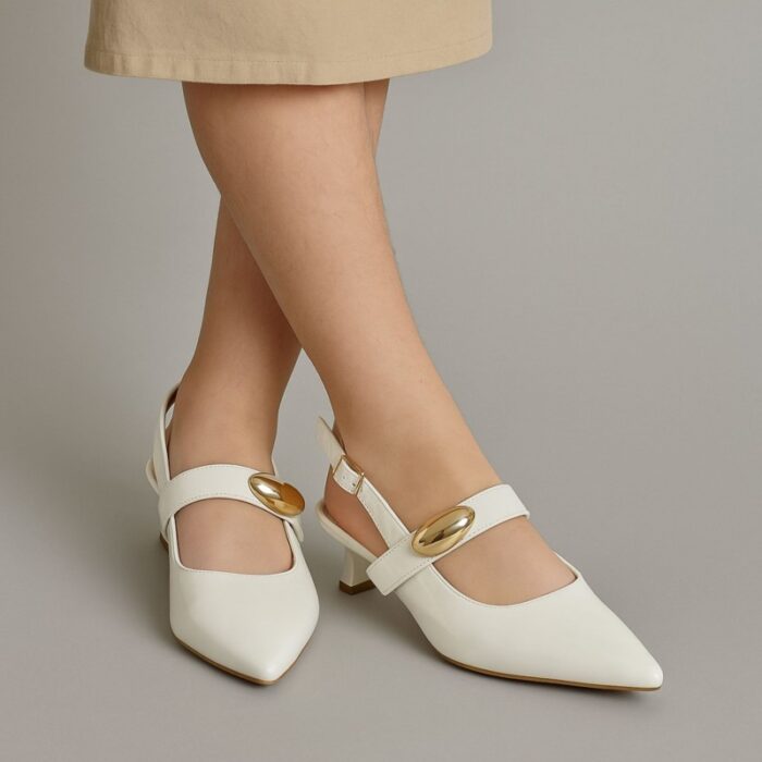 ⁦حذاء كعب متوسط رفيع للنساء لون ابيض لامع⁩ - الصورة ⁦7⁩