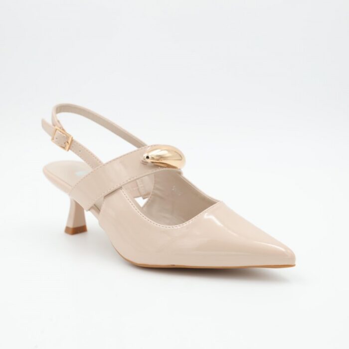 ⁦حذاء كعب متوسط رفيع للنساء لون بيج لامع⁩ - الصورة ⁦2⁩