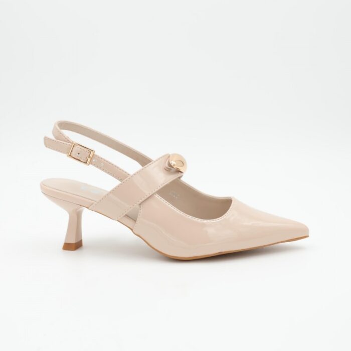 ⁦حذاء كعب متوسط رفيع للنساء لون بيج لامع⁩ - الصورة ⁦3⁩