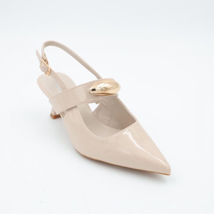 ⁦حذاء كعب متوسط رفيع للنساء لون بيج لامع⁩ - الصورة ⁦6⁩