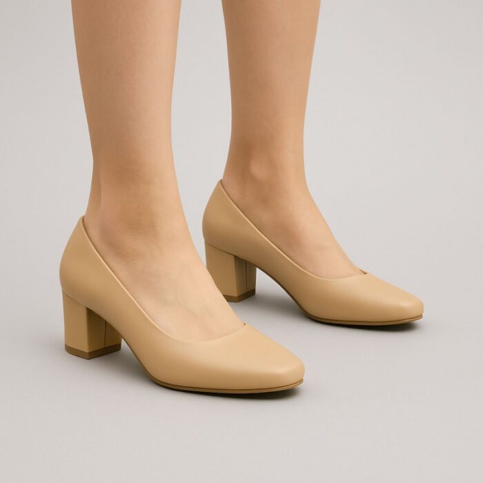 ⁦حذاء كعب عريض عالي للنساء لون بيج⁩ - الصورة ⁦2⁩