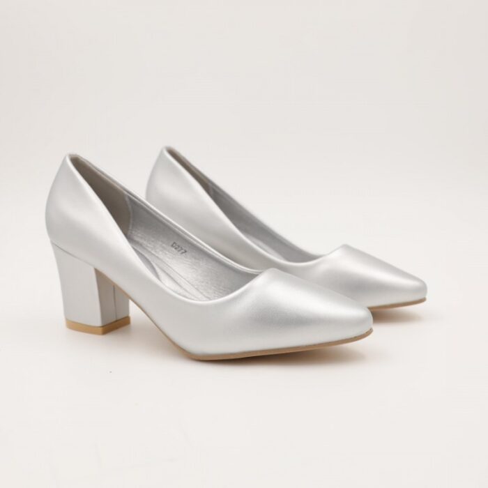 ⁦حذاء كعب عريض عالي للنساء لون فضي⁩ - الصورة ⁦5⁩