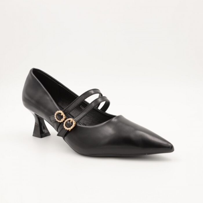 ⁦حذاء كعب رفيع متوسط للنساء مع حزام لون اسود⁩ - الصورة ⁦2⁩