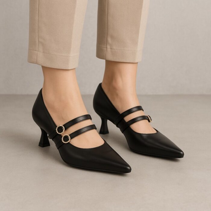 ⁦حذاء كعب رفيع متوسط للنساء مع حزام لون اسود⁩ - الصورة ⁦7⁩