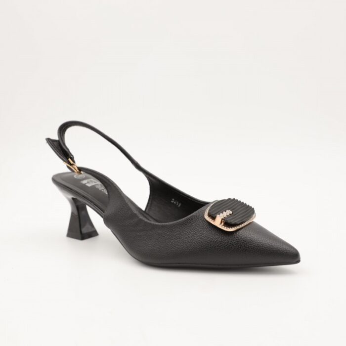 ⁦حذاء كعب متوسط رفيع ستاتي بتصميم مفتوح من الخلف لون اسود⁩ - الصورة ⁦2⁩