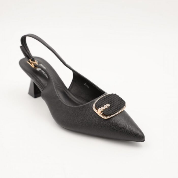 ⁦حذاء كعب متوسط رفيع ستاتي بتصميم مفتوح من الخلف لون اسود⁩ - الصورة ⁦5⁩