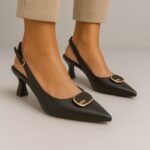 ⁦حذاء كعب متوسط رفيع ستاتي بتصميم مفتوح من الخلف لون اسود⁩ - الصورة ⁦7⁩