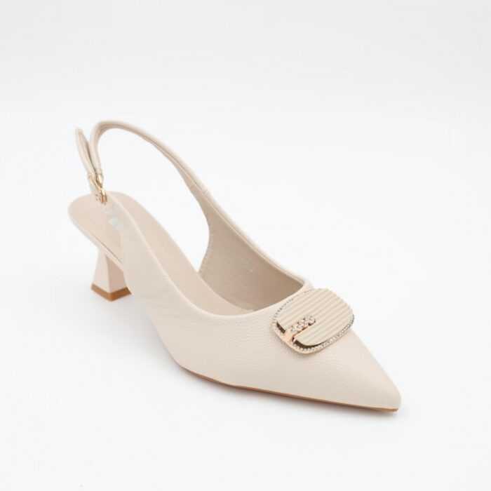 ⁦حذاء كعب متوسط رفيع ستاتي بتصميم مفتوح من الخلف لون بيج⁩ - الصورة ⁦2⁩