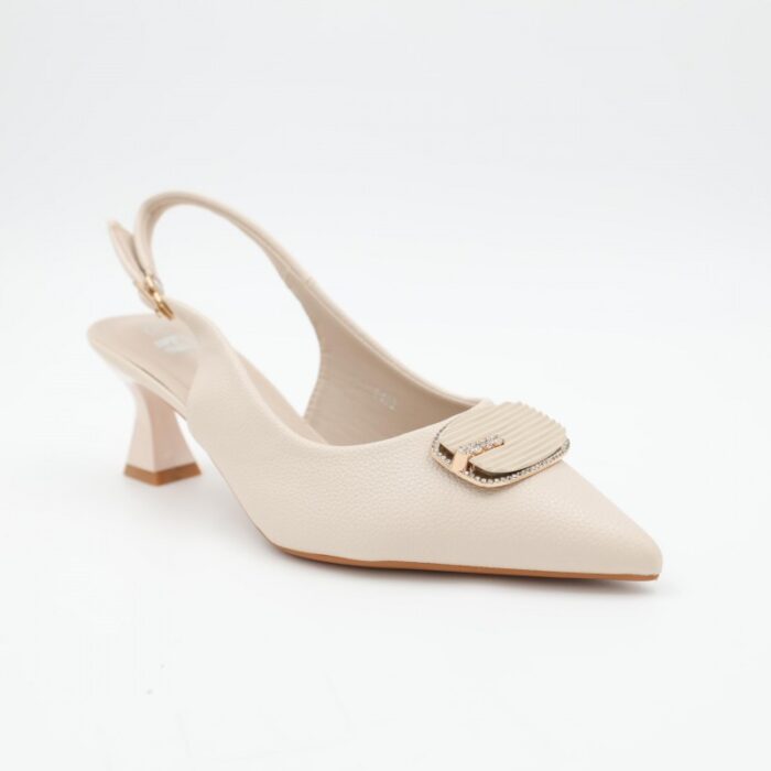 ⁦حذاء كعب متوسط رفيع ستاتي بتصميم مفتوح من الخلف لون بيج⁩ - الصورة ⁦4⁩