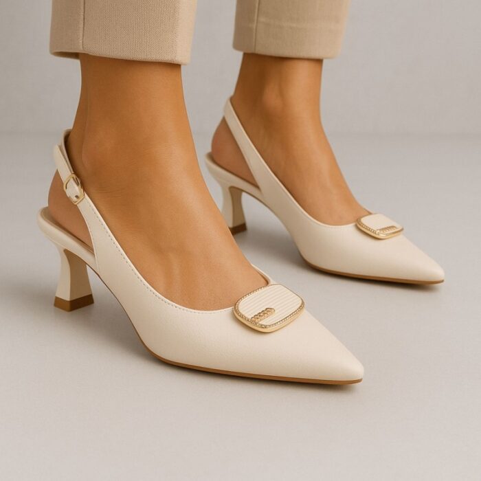 ⁦حذاء كعب متوسط رفيع ستاتي بتصميم مفتوح من الخلف لون بيج⁩ - الصورة ⁦7⁩