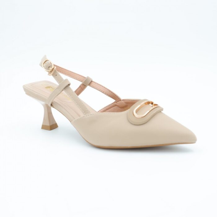 ⁦حذاء كعب متوسط رفيع نسائي بتصميم كلاسيكي مفتوح من الخلف لون بيج⁩ - الصورة ⁦5⁩