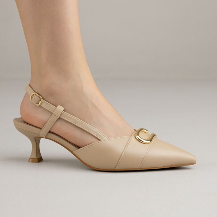 ⁦حذاء كعب متوسط رفيع نسائي بتصميم كلاسيكي مفتوح من الخلف لون بيج⁩ - الصورة ⁦6⁩