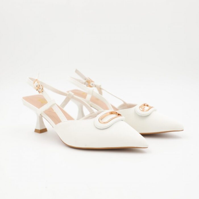 ⁦حذاء كعب متوسط رفيع نسائي بتصميم كلاسيكي مفتوح من الخلف لون ابيض⁩ - الصورة ⁦7⁩