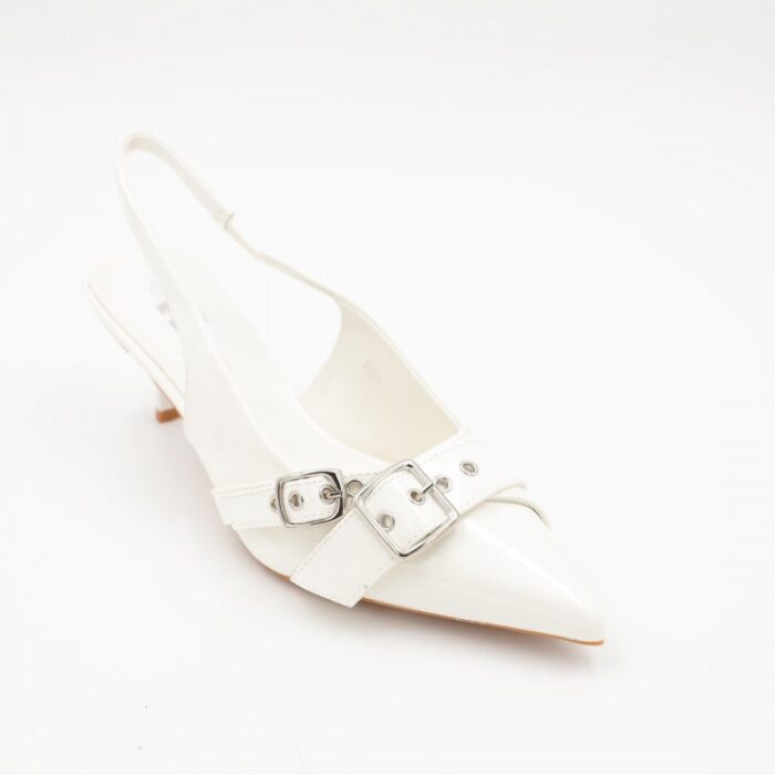 ⁦حذاء كعب متوسط رفيع نسائي بتصميم كلاسيكي مفتوح من الخلف لون ابيض⁩ - الصورة ⁦6⁩