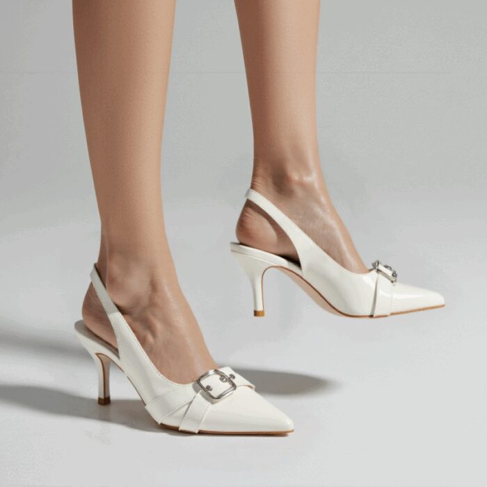 ⁦حذاء كعب متوسط رفيع نسائي بتصميم كلاسيكي مفتوح من الخلف لون ابيض⁩ - الصورة ⁦8⁩