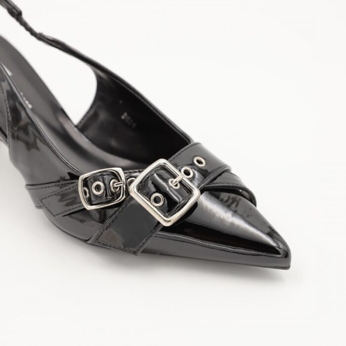 ⁦حذاء كعب متوسط رفيع نسائي بتصميم كلاسيكي مفتوح من الخلف لون اسود⁩ - الصورة ⁦2⁩