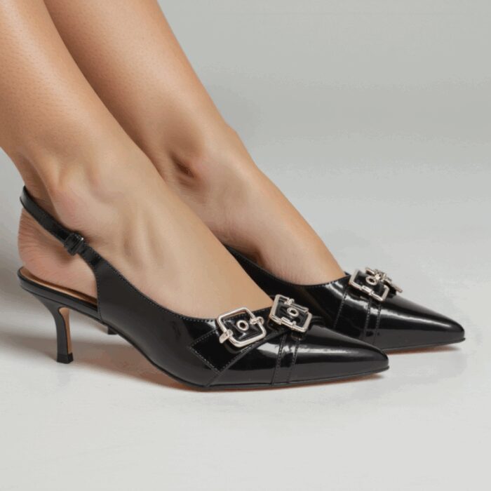 ⁦حذاء كعب متوسط رفيع نسائي بتصميم كلاسيكي مفتوح من الخلف لون اسود⁩ - الصورة ⁦8⁩