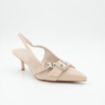 ⁦حذاء كعب متوسط رفيع نسائي بتصميم كلاسيكي مفتوح من الخلف لون بيج⁩ - الصورة ⁦2⁩