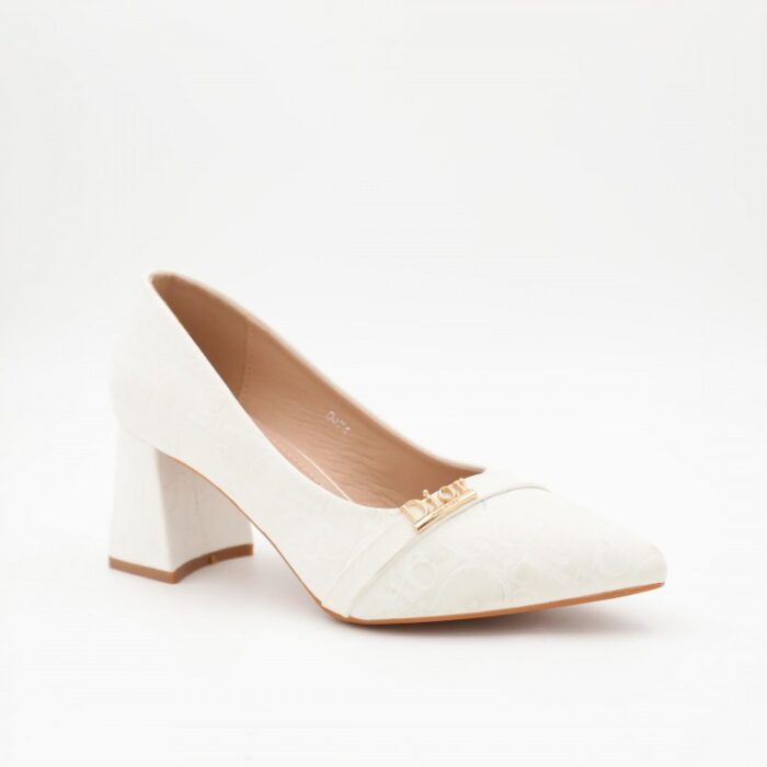 ⁦حذاء كعب نسائي أنيق بتصميم كلاسيكي بنقشةلون ابيض⁩ - الصورة ⁦5⁩