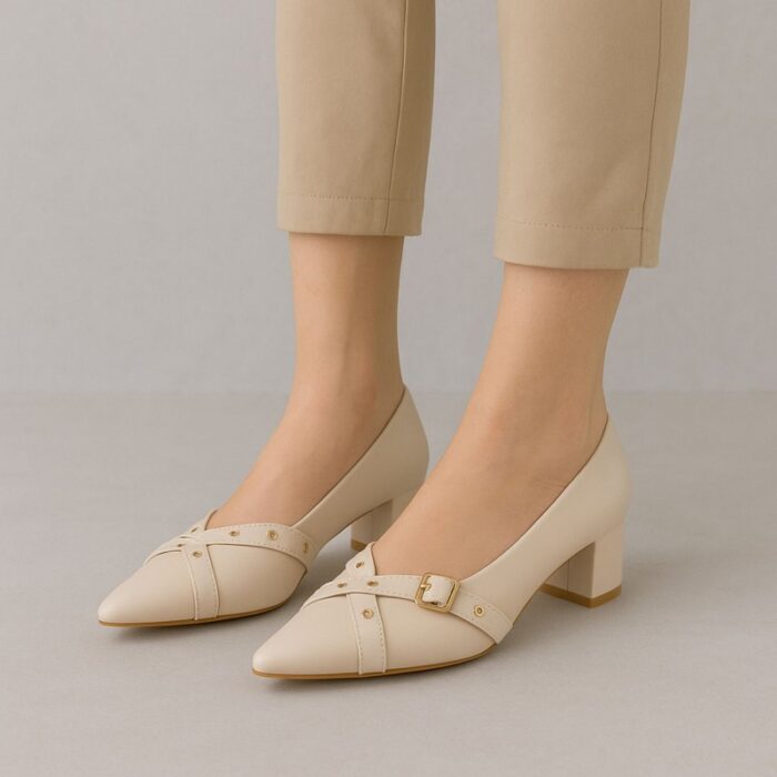 ⁦حذاء كعب متوسط نسائي بتصميم كلاسيكي مع احزمه مزخرفه لون بيج⁩ - الصورة ⁦7⁩