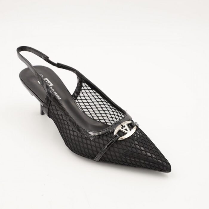 ⁦حذاء كعب متوسط رفيع نسائي بتصميم كلاسيكي مشبك مفتوح من الخلف لون اسود⁩ - الصورة ⁦5⁩