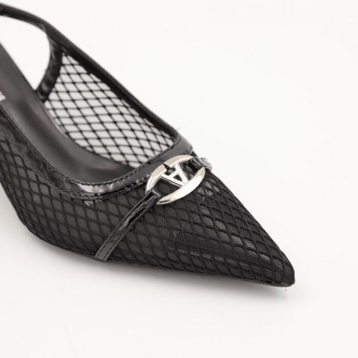 ⁦حذاء كعب متوسط رفيع نسائي بتصميم كلاسيكي مشبك مفتوح من الخلف لون اسود⁩ - الصورة ⁦6⁩