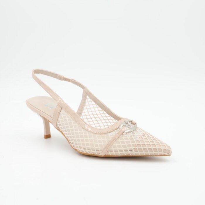 ⁦حذاء كعب متوسط رفيع نسائي بتصميم كلاسيكي مشبك مفتوح من الخلف لون بيج⁩ - الصورة ⁦2⁩