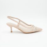 ⁦حذاء كعب متوسط رفيع نسائي بتصميم كلاسيكي مشبك مفتوح من الخلف لون بيج⁩ - الصورة ⁦3⁩