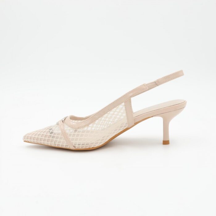 ⁦حذاء كعب متوسط رفيع نسائي بتصميم كلاسيكي مشبك مفتوح من الخلف لون بيج⁩ - الصورة ⁦4⁩