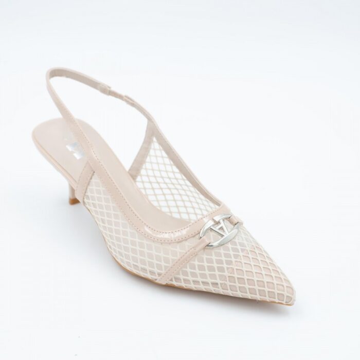 ⁦حذاء كعب متوسط رفيع نسائي بتصميم كلاسيكي مشبك مفتوح من الخلف لون بيج⁩ - الصورة ⁦5⁩