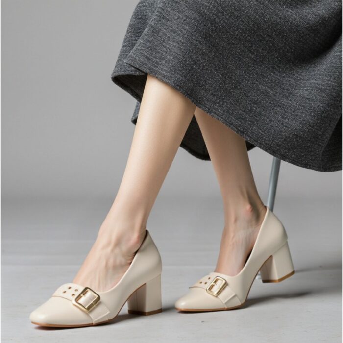 ⁦حذاء كعب متوسط نسائي بتصميم كلاسيكي مع احزمه مزخرفه لون بيج⁩ - الصورة ⁦8⁩