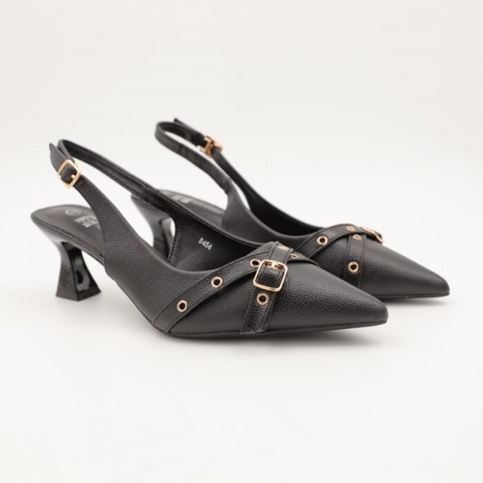 ⁦حذاء كعب متوسط نسائي بكعب رفيع وحزام مزخرف بتصميم مفتوح من الخلف لون اسود⁩ - الصورة ⁦3⁩