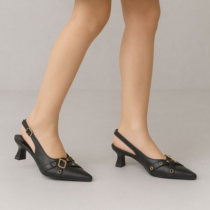 ⁦حذاء كعب متوسط نسائي بكعب رفيع وحزام مزخرف بتصميم مفتوح من الخلف لون اسود⁩ - الصورة ⁦5⁩