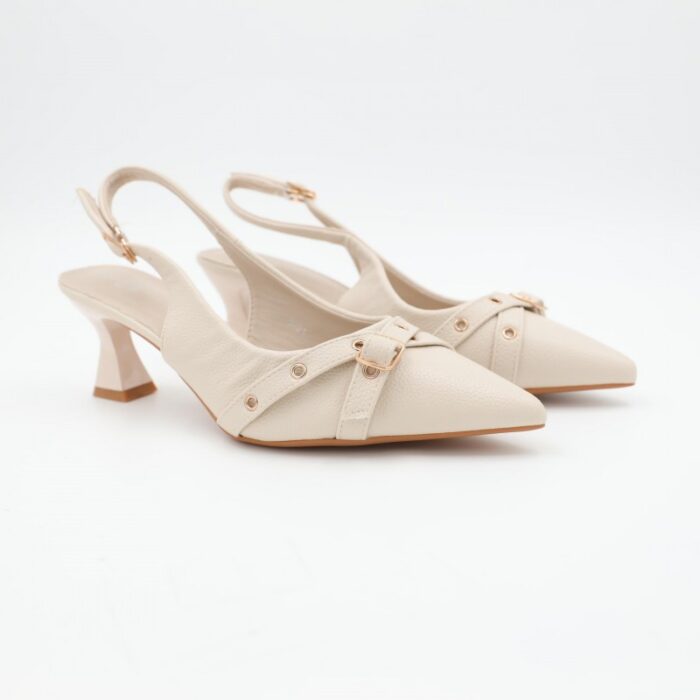 103383287_685eba46d3045 حذاء كعب متوسط نسائي بكعب رفيع وحزام مزخرف بتصميم مفتوح من الخلف لون بيج - الصورة 1