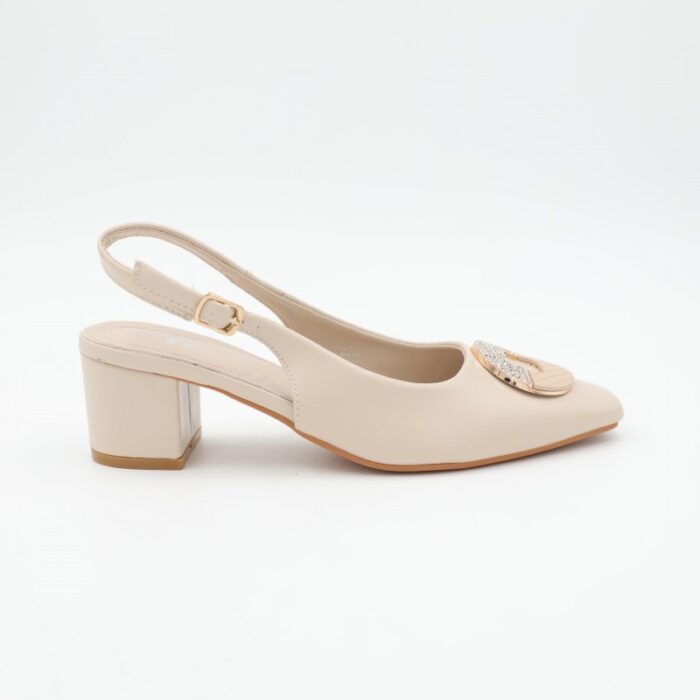 ⁦حذاء كعب متوسط نسائي بكعب عريض بتصميم مفتوح من الخلف لون بيج⁩ - الصورة ⁦3⁩