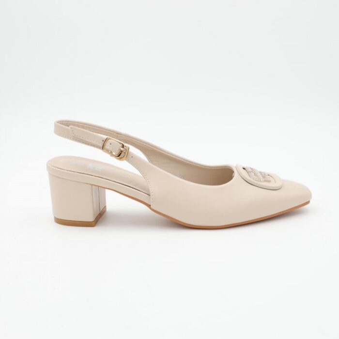 ⁦حذاء كعب متوسط نسائي بكعب عريض بتصميم مفتوح من الخلف لون بيج⁩ - الصورة ⁦3⁩