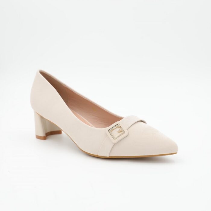 ⁦حذاء كعب عريض متوسط للنساء لون بيج⁩ - الصورة ⁦2⁩